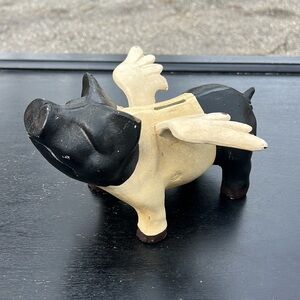 Vintage, Cast Iron - Black and Cream Winged Piggy Bank